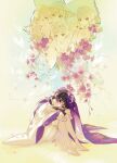  5boys animal_on_shoulder arm_on_knee barefoot black_hair blue_eyes blunt_ends bodysuit cat cat_on_shoulder closed_mouth clothing_cutout commentary_request covered_collarbone duodrich falling_petals flower genshin_impact hand_on_own_arm hat_tip head_down head_on_knees highres ichimegasa japanese_clothes juban kariginu kimono kuronushi_(genshin_impact) layered_sleeves looking_at_another looking_at_viewer mandarin_collar multiple_boys multiple_persona open_clothes open_kimono open_mouth pants petals pink_flower pink_petals purple_sleeves purple_veil scaramouche_(cat)_(genshin_impact) scaramouche_(genshin_impact) scaramouche_(harbinger)_(genshin_impact) scaramouche_(kabukimono)_(genshin_impact) shoulder_peek side_cutout single_sode sitting smile tearing_up tears toes tsurime veil wanderer_(genshin_impact) white_pants white_sleeves wide_sleeves wolf_cut 