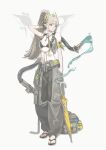  1girl absurdres alternate_costume alternate_hairstyle arknights arm_behind_head bag bikini black_bikini breasts cargo_pants chinese_commentary closed_umbrella commentary_request elf full_body grey_pants hair_ornament hand_in_pocket high_ponytail highres hose huyupi jewelry long_hair looking_to_the_side muelsyse_(arknights) navel necklace pants pointy_ears ponytail sandals sargon_logo simple_background small_breasts solo standing stronghold_protocol_(arknights) swimsuit umbrella uneven_eyes water yellow_umbrella 