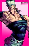  1boy blue_eyes border character_name cherry_earrings earrings english_commentary flattop food-themed_earrings gradient_background grey_background grey_hair highres jean_pierre_polnareff jewelry jojo_no_kimyou_na_bouken jojo_pose male_focus muscular muscular_male pink_background pink_border pink_theme posing procreate_(medium) slipnum stardust_crusaders tall_hair 