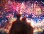  2boys fireworks from_behind japanese_clothes jojo_no_kimyou_na_bouken kakyoin_noriaki kankito kimono kujo_jotaro leaning_on_person male_focus multiple_boys night night_sky no_hat no_headwear sitting sky stardust_crusaders 