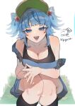  1girl :d absurdres bare_shoulders black_tank_top blue_eyes blue_hair blunt_bangs blush breasts cleavage collarbone commentary_request double_strap_slip eyelashes glint grass hair_bobbles hair_ornament happy highres kappa_mame kawashiro_nitori kneehighs knees knees_together_feet_apart large_breasts long_hair looking_at_viewer open_mouth overalls signature simple_background smile socks solo squatting steepled_fingers strap_slip tank_top touhou twitter_username two_side_up white_background 