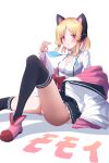  absurdres black_legwear blonde_hair blue_archive breasts cat_ear_headphones collarbone headphones highres jacket looking_at_viewer momoi_(blue_archive) open_mouth panties pantyshot red_eyes school_uniform shorts simple_background small_breasts tetori_(tetolisto) thighhighs underwear white_background 