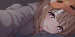  1girl :d absurdres blonde_streaks blush brown_hair commentary grey_hoodie heart heart-shaped_pupils highres hood hoodie looking_at_viewer lying mask mask_on_head multicolored_hair on_stomach open_mouth red_eyes sendo_yuuhi sendo_yuuhi_(loungewear) sleep_mask smile solo streaked_hair symbol-shaped_pupils takeyabunora virtual_youtuber vspo! 