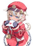 1girl :3 absurdres animal_ears bell black_gloves blonde_hair blue_eyes blush_stickers capricorn_(symbol) closed_mouth commentary deaver dress envelope frilled_dress frills from_above gloves goat_ears goat_tail hair_ornament hands_up hat hat_bell highres holding holding_envelope hololive jacket jitome long_sleeves looking_at_viewer mouth_hold multicolored_hair name_tag raised_inner_eyebrows red_dress red_hat red_jacket red_streaks simple_background smile solo streaked_hair suzuna_tsuzuri tail virtual_youtuber white_background white_streaks 