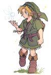  1boy 64ibon absurdres artist_name belt blonde_hair blue_eyes boots brown_belt brown_boots child commentary_request fairy fold-over_boots grass green_hat hat highres link looking_at_another male_focus navi ponytail shield shield_on_back shoulder_belt simple_background sword sword_on_back the_legend_of_zelda the_legend_of_zelda:_ocarina_of_time the_legend_of_zelda:_ocarina_of_time_(remake) twitter_username walking weapon weapon_on_back white_background young_link 