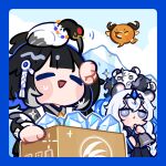  2girls ^_^ animal_ear_fluff animal_ears animal_on_head animalization arknights bell bird bird_on_head black_hair box braid cardboard_box chibi chibi_only closed_eyes degenbrecher_(arknights) e_long_guaishou gnosis_(arknights) grey_eyes highres ice kjera_(arknights) kjerag_logo long_hair multicolored_hair multiple_girls on_head open_mouth pramanix_(arknights) pramanix_the_prerita_(arknights) short_hair silverash_(arknights) silverash_the_reignfrost_(arknights) sky smile snow_leopard_ears snow_leopard_girl stronghold_protocol_(arknights) sweatdrop tiara triangle_mouth twin_braids very_long_hair white_hair wiping_sweat 
