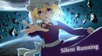 1girl akatsuki_records aoiueo12 asteroid blonde_hair bow collared_dress commentary_request dress earth_(planet) english_commentary hair_between_eyes hat highres long_sleeves looking_at_viewer maribel_hearn medium_hair mixed-language_commentary mob_cap open_mouth planet purple_dress purple_eyes reaching reaching_towards_viewer sash silent_running solo space touhou waist_sash white_bow white_hat white_sash 