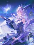  1girl arknights arknights:_endfield bare_shoulders black_gloves black_horns black_shorts black_thighhighs commentary curved_horns detached_sleeves gloves hairband highres horns lantern long_hair mole mole_on_thigh niukou_kouzi pink_eyes purple_hair ringlets shirt shorts sitting sleeveless sleeveless_shirt solo thighhighs twintails typhoeus_(arknights) typhon_(arknights) untranslatable_commentary very_long_hair wariza 