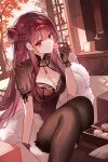  1girl absurdres black_gloves black_pantyhose breasts chinese_clothes collared_shrug commentary_request dress feathered_wings food girls'_frontline girls'_frontline_2:_exilium gloves hair_bun highres holding holding_food long_hair looking_at_viewer makiatto_(embroidered_bamboo_blooming_shadows)_(girls'_frontline_2) makiatto_(girls'_frontline_2) official_alternate_costume pantyhose qipao ribbcott see-through_clothes see-through_shrug shrug_(clothing) single_hair_bun sitting solo wa2000_(girls'_frontline) wings 