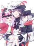  1girl 2boys aged_down animal_ear_headwear animalization ashveil_(honkai:_star_rail) black_hair black_hat black_shorts black_skirt boothill_(honkai:_star_rail) boothill_(little_cat)_(honkai:_star_rail) carrying carrying_person cat child_carry commentary_request eyewear_on_headwear green_eyes grey_hair hat highres honkai:_star_rail honkai_(series) jacket jewelry leg_warmers long_hair looking_at_another looking_at_viewer multiple_boys necklace nokonez official_alternate_costume open_mouth person_and_animalization pink-tinted_eyewear pink_hair rappa_(honkai:_star_rail) rappa_(little_cat)_(honkai:_star_rail) red_jacket shirt shorts simple_background skirt smile tinted_eyewear tooth_necklace white_background white_hat white_jacket white_leg_warmers white_shirt 