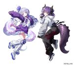  2girls absurdres ayatsuno_yuni black_pants black_shoes braid commentary_request datsha dragon_girl dragon_horns dragon_tail grey_hair grey_hoodie highres hood hoodie horns leg_warmers long_hair long_sleeves looking_at_viewer multicolored_hair multicolored_tail multiple_girls official_art pants parted_lips pointy_ears purple_eyes purple_hair purple_hoodie sakihane_huya shoes simple_background skirt smile stellive striped_clothes striped_thighhighs tail thighhighs unicorn_girl very_long_hair virtual_youtuber white_background white_leg_warmers white_shoes white_skirt yellow_eyes 