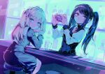  2girls absurdres alcohol bar_(place) bar_stool bartender black_hair blonde_hair blue_eyes bottle cocktail_glass commentary_request counter cup drinking_glass highres holding imouto_tasha_paranoia jill_stingray long_hair long_sleeves looking_at_viewer multiple_girls necktie parororo red_eyes red_necktie sahana_(imouto_tasha_paranoia) second-party_source shirt sitting skirt smile stool twintails va-11_hall-a vest 