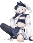  1girl animal_ears animal_hat arm_support asymmetrical_legwear barefoot black_gloves black_hat black_pantyhose black_shirt black_skirt blue_eyes cat_hat cleavage_cutout clothing_cutout commentary_request cropped_jacket cropped_shirt din_(flypaper) ear_piercing earrings elbow_gloves fake_animal_ears fox_shadow_puppet foxxiontech_(pso2) gloves hat highres hood hood_down jacket jewelry long_hair looking_at_viewer mask mask_pull midriff mouth_mask mouth_mask_under_chin navel open_clothes open_jacket pantyhose phantasy_star phantasy_star_online_2 phantasy_star_online_2_new_genesis piercing pleated_skirt ponytail shirt simple_background single_leg_pantyhose skirt smile solo stirrup_legwear toeless_legwear two-tone_skirt white_background white_hair white_jacket white_skirt 