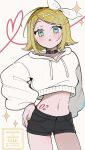  1girl alternate_costume aqua_eyes belt_collar black_choker black_shorts blonde_hair bow breasts choker collar commentary_request cowboy_shot cropped_hoodie hair_bow hair_ornament hairclip hand_on_own_hip heart highres hood hoodie kagamine_rin looking_at_viewer maca1227 midriff navel number_tattoo open_mouth parallel_hairclips short_hair shorts simple_background small_breasts solo stomach_tattoo tattoo vocaloid white_background white_bow white_hoodie yellow_nails 