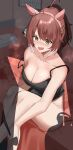  1girl 1other absurdres ahoge animal_ears bare_shoulders black_panties black_tank_top blush breasts brown_eyes brown_hair caught checkered_ribbon cleavage collarbone commentary_request dantsu_flame_(umamusume) ear_covers ear_ribbon hair_between_eyes hairband highres horse_ears horse_girl implied_after_masturbation large_breasts multicolored_hair on_bed open_mouth panties pink_hairband pip_elekiban shadow sitting solo_focus stained_sheets t-head_trainer_(umamusume) tank_top trainer_(umamusume) umamusume underwear white_hair 