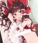  1girl bangs bar_censor blush bow breasts brown_eyes brown_hair censored commentary_request crying crying_with_eyes_open detached_sleeves dot_nose eyelashes fingernails frilled_bow frilled_hair_tubes frills furrowed_brow hair_bow hair_tubes hakurei_reimu long_hair long_sleeves looking_at_viewer lying mozukuzu_(manukedori) navel no_bra nontraditional_miko on_side open_mouth red_bow red_ribbon red_vest ribbon ribbon-trimmed_sleeves ribbon_trim shiny shiny_hair sidelocks small_breasts solo stomach tears touhou vest wide_sleeves 