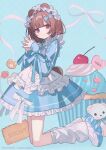  1girl animal_ears apron bear_ears bear_girl bear_tail blue_background blue_bow blue_dress blue_nails blue_ribbon blunt_bangs bow brown_hair cherry chinstrap closed_mouth commentary cookie cupcake dress fingernails food frilled_apron frilled_dress frilled_headwear frills from_side fruit full_body hair_bow hair_intakes kneeling leg_warmers long_sleeves looking_at_viewer looking_to_the_side maid maid_headdress original pink_eyes ribbon shoes short_hair shugao signature smile sneakers solo steepled_fingers stuffed_animal stuffed_toy tail teddy_bear twitter_username untranslatable_commentary white_apron white_bow white_leg_warmers white_ribbon 