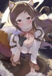  1girl absurdres animal_ears black_gloves blush brown_hair brown_skirt detached_collar extra_ears floating_hair fox_ears fox_tail frilled_sleeves frills fur-trimmed_collar fur-trimmed_gloves fur_trim gloves highres idolmaster idolmaster_million_live! kitazawa_shiho looking_at_viewer night night_sky ooho0216 skirt sky smile solo tail 