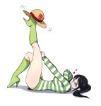  1girl black_hair blue_eyes boots closed_mouth commentary dress el_quijote eyelashes full_body green_boots green_dress hat heart high_heel_boots high_heels highres leg_up long_sleeves looking_at_viewer lying nico_robin on_back one_piece one_piece:_strong_world ponytail profile simple_background smile solo straw_hat striped_clothes striped_dress two-tone_dress white_dress 