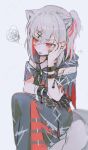  1girl :p absurdres animal_ears black_dress black_mask colored_inner_hair commentary_request dress grey_hair hair_ornament hand_on_own_cheek hand_on_own_face highres kemonomimi_mode korean_commentary mahou_shoujo_no_majo_saiban mask mask_pull mirage_(rairudiseu) multicolored_hair red_hair shito_alisa short_hair signature solo squiggle tongue tongue_out x_hair_ornament 