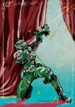  1boy absurdres advent_deck animification commentary full_body gun highres holding holding_gun holding_weapon kamen_rider kamen_rider_ryuki_(series) kamen_rider_zolda magnuvisor male_focus outstretched_arm rider_belt solo tokusatsu twitter_username uminounita untranslatable_commentary v_buckle weapon 
