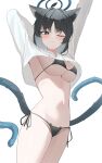  1girl absurdres alternate_costume animal_ears bare_legs bikini black_bikini black_eyes black_hair blue_archive blue_halo blue_tail breasts cat_ears closed_mouth commentary cowboy_shot cropped_shirt halo highres kikyou_(blue_archive) large_breasts lunar_(pixiv53683306) multiple_tails navel one_eye_closed shirt short_hair simple_background solo stomach swimsuit tail thighs two_tails underboob untranslatable_commentary white_background white_shirt yawning 
