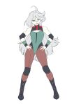  1girl absurdres adapted_costume ahoge breasts commentary english_commentary flat_color full_body grey_eyes grey_hair gundam gundam_suisei_no_majo hands_on_own_hips highres long_hair looking_at_viewer miorine_rembran pale_skin simple_background small_breasts solo standing toned toned_female whitecawfeee wrestling_outfit 