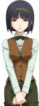  1girl 2000s_(style) belt black_hair blush bob_cut bow bowtie breasts brown_eyes fiena_(mahou_senshi) game_asset green_shorts hairband jewelry large_variant_set mahou_senshi_(series) mahou_senshi_elixir_knights necklace non-web_source official_art open_mouth own_hands_together saitou_natsuki self-datamine short_hair shorts simple_background solo tachi-e transparent_background v_arms variant_set vest waistcoat 