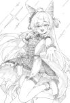  1girl :d ahoge alternate_costume bare_shoulders belt blush boots bow bowtie breasts center_frills collared_shirt commentary_request cone_hair_bun detached_sleeves double_bun dress fang foot_out_of_frame frilled_dress frills greyscale hair_between_eyes hair_bow hair_bun hair_ornament hand_up high_heels highres holding holding_microphone horns idol korean_commentary layered_skirt leeleo_25 leg_up long_hair looking_at_viewer microphone monochrome open_mouth outstretched_arm puffy_short_sleeves puffy_sleeves reaching reaching_towards_viewer ribbon shirt shoes short_sleeves sidelocks simple_background singing sketch skin_fang skirt small_breasts smile solo sparkle standing standing_on_one_leg stellive teeth tenko_shibuki thigh_strap traditional_media upper_teeth_only very_long_hair virtual_youtuber white_background wrist_cuffs 