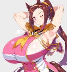  1girl animal_ears armpit_focus armpits bakushin_o_armpit_gif_(meme) breasts brown_hair commentary ear_ornament epaulettes flower_in_eye gigantic_breasts gold_hairband hairband highres horse_ears horse_girl huge_breasts long_hair looking_at_viewer meme neckerchief ponytail purple_eyes ringosu33333 sakura_bakushin_o_(blossom_in_learning)_(umamusume) sakura_bakushin_o_(umamusume) sleeveless sleeveless_jacket smile solo symbol_in_eye umamusume untranslatable_commentary yellow_neckerchief 