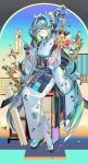  1girl absurdres aqua_eyes aqua_hair bird black_gloves calligraphy_brush character_name commentary_request gloves hair_intakes hatsune_miku hegong highres holding holding_calligraphy_brush holding_paintbrush japanese_clothes kimono long_hair looking_at_viewer multicolored_hair obi paintbrush parted_lips print_kimono sandals sash sitting solo tabi twintails very_long_hair vocaloid white_kimono zouri 