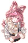  1girl :d absurdres animal animal_ear_fluff animal_ears arknights capelet gloves highres holding holding_animal holding_rabbit jiang_jiang_jiang_yinlin long_hair looking_at_viewer open_mouth orange_gloves pink_eyes pink_hair rabbit rabbit_ears rabbit_girl simple_background smile solo thumpy_(arknights) upper_body white_background white_capelet white_rabbit_(animal) 