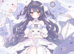  1girl ahoge amamiya_kokoro amamiya_kokoro_(9th_costume) animal bare_shoulders blue_dress blue_hair blunt_bangs blush closed_mouth commentary_request dress feet_out_of_frame frilled_sleeves frills highres hinase01 hourglass long_hair multicolored_hair neko_(amamiya_kokoro) nijisanji pink_streaks school_uniform short_sleeves single_hair_streak sitting solo streaked_hair tiara tracen_school_uniform unicorn very_long_hair virtual_youtuber watermark yellow_eyes 