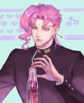  1boy botle cherry cola drinking_straw earrings food fruit gakuran jewelry jojo_no_kimyou_na_bouken kakyoin_noriaki kankito looking_at_viewer male_focus pink_hair purple_eyes school_uniform solo stardust_crusaders 