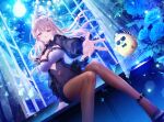  1girl :d backlighting betaro_(honami_azusa) bird black_bow black_bowtie black_dress black_nails black_pantyhose black_ribbon black_shoes black_shrug blonde_hair blue_eyes blue_flower blue_rose bow bowtie braid breasts cleavage clothing_cutout comiket_108 commentary covered_navel creature curtains dress earrings flower from_below full_moon hair_ribbon hand_rest heart_cutout heterochromia high_heels honami_azusa honami_azusa_(2nd_costume) jewelry large_breasts long_sleeves looking_at_viewer mole mole_under_eye moon moonlight nail_polish navel_cutout night offering_hand official_artist_extra open_mouth pantyhose purple_eyes reaching reaching_towards_viewer ribbon riichu rose see-through_clothes see-through_shrug shoes shrug_(clothing) sitting sky smile specialite_(company) star_(sky) starry_sky tree virtual_youtuber white_dress window yellow_bird 