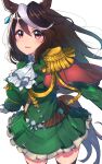  1girl absurdres aiguillette animal_ears ascot black_thighhighs blush breasts brown_hair buttons cape commentary_request double-breasted earrings epaulettes gloves green_jacket green_skirt hair_between_eyes highres horse_ears horse_girl horse_tail jacket jewelry large_breasts long_hair long_sleeves looking_at_viewer medal misonikomi multicolored_hair open_mouth purple_eyes red_cape side_cape simple_background single_earring single_epaulette skirt streaked_hair symboli_rudolf_(emperor's_path)_(umamusume) symboli_rudolf_(umamusume) tail thighhighs umamusume white_ascot white_gloves white_hair 