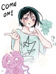  1boy 2girls absurdres alien_stage bob_cut cocopaka676 hair_between_eyes highres long_hair looking_at_viewer mizi_(alien_stage) multiple_girls open_mouth pink_hair purple_eyes short_hair short_sleeves smile sua_(alien_stage) sweatdrop till_(alien_stage) 