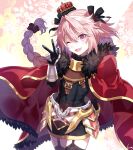  1boy absurdres astolfo_(fate) bangs braid braided_ponytail cloak eyebrows_behind_hair eyebrows_visible_through_hair fate/apocrypha fate/grand_order fate_(series) hair_between_eyes hair_ribbon hat highres ichi_niichi long_hair looking_at_viewer one_eye_closed open_mouth pink_hair ribbon smile solo standing 