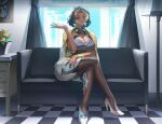  1girl absurdres black_hair blonde_hair blonde_streaks breasts brown_lips cleavage cleavage_cutout clothing_cutout commission couch crystal_earrings dark-skinned_female dark_skin desi domina_(overwatch) earrings flower gold_bracer highres jewelry lamp large_breasts looking_at_viewer midorin_567 multicolored_hair overwatch pantyhose second-party_source short_hair single_bracer skirt solo strapless_bodysuit streaked_hair two-tone_hair vase window 