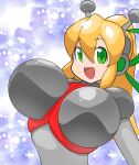  1girl :d aged_up android antennae armor arms_up blonde_hair bodysuit breast_missiles breastplate breasts buta_otoko clenched_hands commentary_request double-parted_bangs earphones eyes_visible_through_hair full_body gorget gradient_background green_eyes green_ribbon grey_bodysuit hair_between_eyes hair_ribbon hairband headphones high_ponytail highres huge_breasts hyper_roll_(marvel_vs._capcom) joints large_variant_set long_hair looking_at_viewer marvel_vs._capcom marvel_vs._capcom_2 mechanical_arms mega_man_(classic) mega_man_(series) metal_gloves navel open_mouth ponytail radio_antenna raised_eyebrows red_armor ribbon robot robot_girl robot_joints roll_(mega_man) shoulder_armor sidelocks simple_background smile solo standing upper_body variant_set 