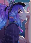  1boy 1girl absurdres animal_ears black_visor_cap blue_hair breasts cleavage commentary cottontail_(vtuber) deepthroat english_commentary fellatio freckles gradient_hair heterochromia highres indie_virtual_youtuber inkorax large_breasts long_hair makeup multicolored_hair oral pale_skin pointy_ears ponytail purple_eyes purple_hair purple_shirt rabbit_ears rabbit_girl runny_makeup saliva shirt virtual_youtuber visor_cap 