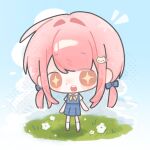  +_+ 1girl bare_arms ben-day_dots blue_bow blue_skirt blue_sky blue_vest blunt_bangs blunt_ends bow brown_eyes brown_shoes buttons cat_hair_ornament chibi child chinese_commentary cloud collared_shirt commentary_request day dot_nose excited eyes_visible_through_hair flower grass hair_bow hair_intakes hair_ornament hairclip kneehighs knees light_blush long_hair low_twintails mary_janes miniskirt neckerchief nikki_(nikki) nikki_(series) notice_lines open_mouth outdoors pink_hair plaid_clothes plaid_skirt plaid_vest pleated_skirt screentones shadow shining_nikki shirt shoes short_sleeves skirt skirt_set sky socks solo tareme teeth twintails upper_teeth_only variant_set vest white_flower white_shirt white_socks yellow_neckerchief yidali_mian_xia_guo_zhong young_nikki_(shining_nikki) 