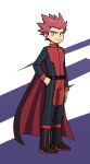  1boy aya_(ryou0327) belt black_belt black_cape black_footwear boots cape closed_mouth commentary_request full_body hand_on_hip jacket lance_(pokemon) long_sleeves looking_at_viewer male_focus pants pokemon pokemon_(game) pokemon_frlg red_hair short_hair smile solo spiked_hair standing two-tone_background 