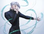  1boy earrings gakuran grey_hair hierophant_green jewelry jojo_no_kimyou_na_bouken kakyoin_noriaki kankito male_focus outstretched_hand pointing pointing_up profile purple_eyes school_uniform solo stand_(jojo) tentacles white_hair 