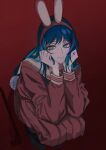  1girl ado_(utaite) adomikumi animal_ear_hairband animal_ears blue_eyes blue_hair chando_(ado) closed_mouth commentary cosplay fake_animal_ears fake_tail hairband highres long_hair long_sleeves mole mole_under_eye pink_serafuku pink_shirt pink_skirt pleated_skirt rabbit_ears rabbit_tail red_background school_uniform serafuku shimizu_hinako shimizu_hinako_(cosplay) shimizu_hinako_(pink_rabbit_costume) shirt silent_hill_(series) silent_hill_f simple_background skirt solo squatting tail 