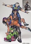  4boys \m/ backpack bag beret black_eyes black_hair blue_hair blue_overalls bodysuit braid brooch brothers carrying carrying_person dark-skinned_male dark_skin dragona_joestar dreadlocks facepaint flower flower_wreath green_bag green_bodysuit green_hat grey_background grey_hair grey_pants grey_shirt hair_over_eyes hat head_wreath heart_ornament highres hood hood_down hooded_overalls jewelry jodio_joestar jojo_no_kimyou_na_bouken knee_pads long_bangs loose_socks multiple_boys naru_tomaki orange_romper outstretched_arms overalls paco_laburantes pants pink_flower pink_hat pink_shoes purple_flower purple_shoes red_shorts reference_inset romper shirt shoes short_hair short_sleeves shorts shoulder_belt shoulder_carry shoulder_tattoo siblings side_braid simple_background single_braid sleeping sneakers socks spread_arms tattoo the_jojolands twitter_username usagi_aloha'oe white_socks wing_ornament wristband 