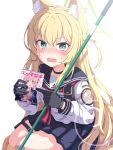  1girl absurdres animal_ear_fluff animal_ears artist_name bandaid bandaid_on_knee bandaid_on_leg black_choker black_gloves black_sailor_collar black_skirt blonde_hair blue_archive blush book breasts character_print choker cleavage commentary_request embarrassed fox_ears fox_girl full_body gloves green_eyes green_halo hair_bun halo hands_up highres holding holding_book index_finger_raised kokoro_(blue_archive) kurumi_(blue_archive) large_breasts long_hair looking_at_viewer manga_(object) mikoshi_(user_wvyd4348) miniskirt neckerchief nose_blush pink_hair pleated_skirt pointing pointing_at_object red_neckerchief sailor_collar sailor_shirt school_uniform serafuku shirt simple_background single_hair_bun sitting skirt solo sweatdrop tactical_school_uniform triangle_halo two_side_up v-shaped_eyebrows very_long_hair wavy_mouth white_background white_shirt yokozuwari 