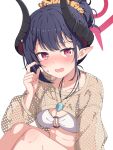  1girl absurdres bikini black_hair black_horns blue_archive blush breasts brown_shrug chiaki_(blue_archive) chiaki_(swimsuit)_(blue_archive) cleavage collarbone commentary_request curved_horns demon_girl demon_horns finger_to_cheek fishnet_shrug hair_bun hair_ornament hair_scrunchie halo highres horns jewelry knees_up long_hair medium_breasts mikoshi_(user_wvyd4348) multicolored_horns necklace nose_blush o-ring o-ring_bikini o-ring_top official_alternate_costume official_alternate_hairstyle open_mouth out_of_frame pointy_ears red_eyes red_halo scrunchie see-through_clothes see-through_shrug shrug_(clothing) shy simple_background sitting slit_pupils solo stomach story_in_commentary sweatdrop swimsuit two-tone_horns upper_body white_bikini yellow_scrunchie 
