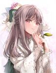  1girl bangs blush bow brown_hair commentary_request flower green_bow hair_bow highres holding holding_flower japanese_clothes kimono long_hair long_sleeves looking_at_viewer original parted_lips puracotte purple_eyes see-through smile solo white_flower white_kimono wide_sleeves 