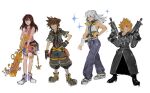  1girl 3boys belt belt_buckle black_belt black_boots black_coat black_coat_(kingdom_hearts) black_gloves black_jacket black_vest blue_belt blue_eyes blue_pants boots brown_hair buckle closed_eyes coat commentary crop_top dress dual_wielding english_commentary flower fortnite full_body gloves grey_hair gun hair_between_eyes hair_over_one_eye hand_on_own_hip hands_up highres holding holding_gun holding_weapon hood hood_down hooded_coat hooded_dress hooded_jacket jacket kairi_(kingdom_hearts) kaisor0 kingdom_hearts kingdom_hearts_ii long_coat long_hair long_sleeves looking_at_viewer male_focus multiple_boys pants pink_dress pouch puffy_pants purple_ribbon purple_shoes ribbon riku_(kingdom_hearts) roxas serious shoes short_dress short_hair short_sleeves simple_background sleeveless sleeveless_dress smirk sora_(kingdom_hearts) sparkle spiked_hair spread_legs thigh_pouch thigh_strap vest walking weapon white_background white_vest wrist_guards yellow_shoes 